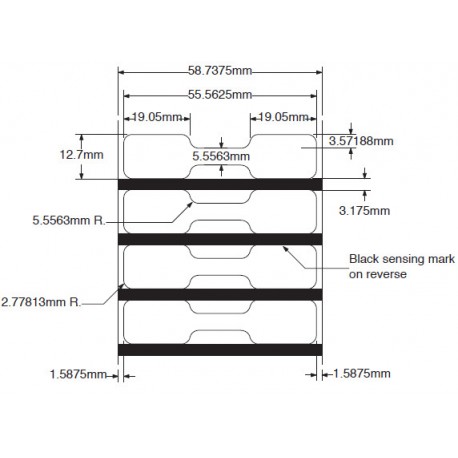 56mm x 13mm SIN ALAS. Etiqueta Térmica ZEBRA 8000D Joyería Polipropileno. Caja con 6 Rollos de 3.510 Etiquetas Rollo. Total 21.060 Etiquetas. Core 25mm