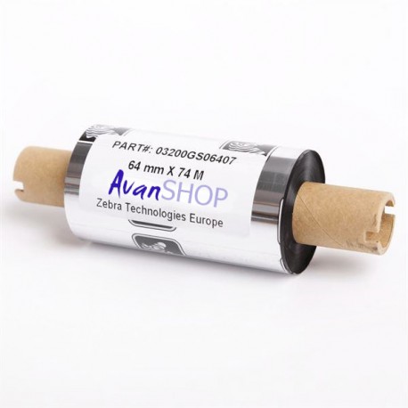 64mm x 74m Ribbon MEZCLA CERA-RESINA ZEBRA 3200 WAX-RESIN, OUT, de 12,7mm Media Pulgada. CAJA con 12 Ribbons